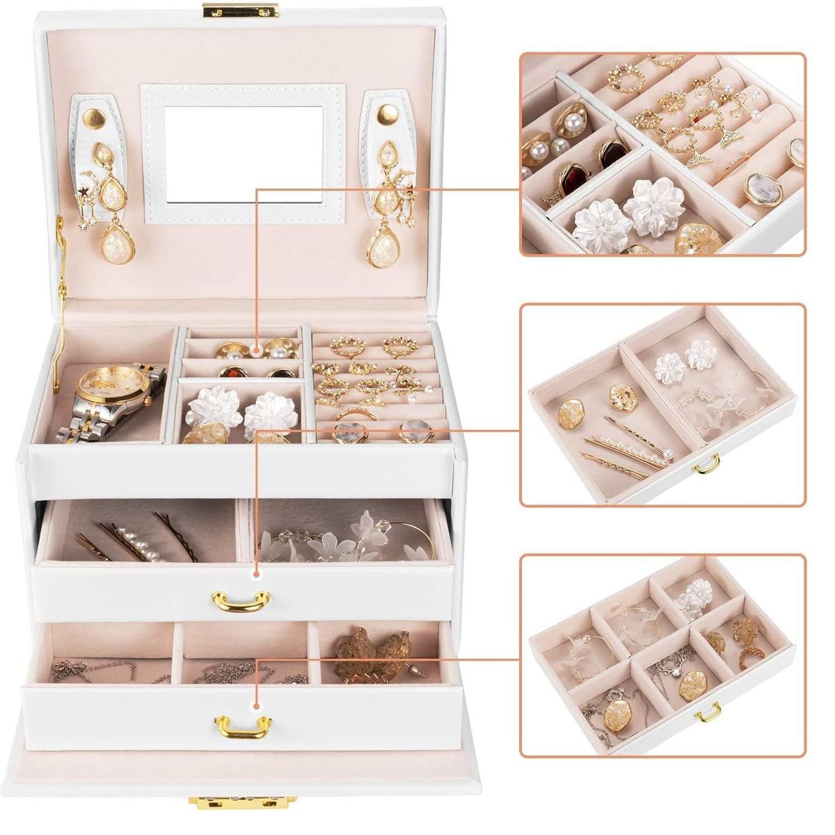 OEM - Organizador d Joyas de Cuero Multifuncional de 3 Niveles con Cerradura