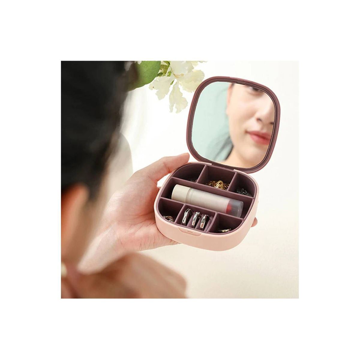GENERICO - Joyero Organizador de Joyas con Espejo Portátil Rosado