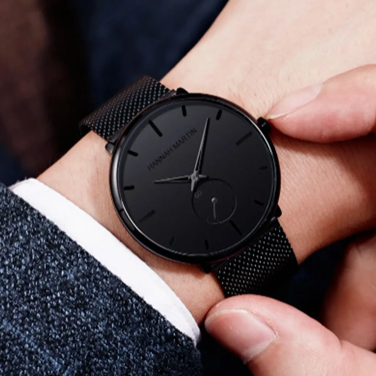 HANNAH MARTIN - RELOJ NEGRO HOMBRE ELEGANTE METAL ACERO HANNAH MARTIN