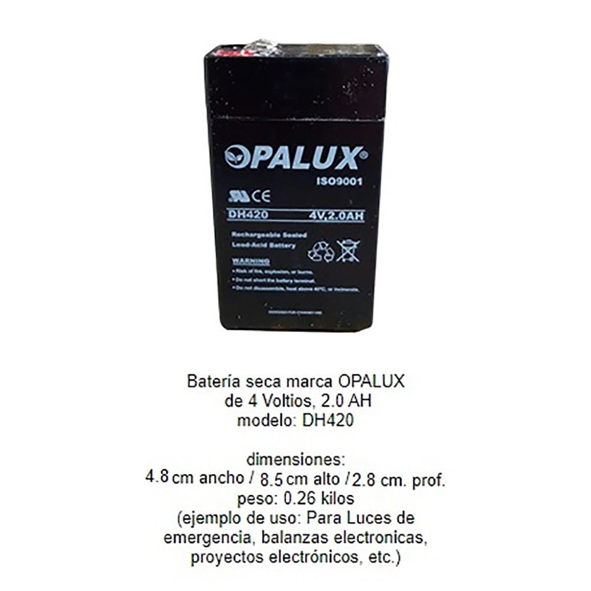 OPALUX - Batería Seca  RECARGABLE 4V 2 AH  OPALUX DH420