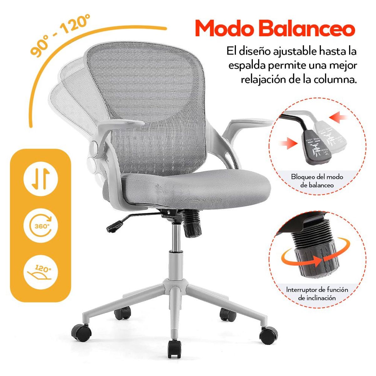 GENERICO - Silla de oficina ergonómica gris con soporte lumbar y reposabrazos
