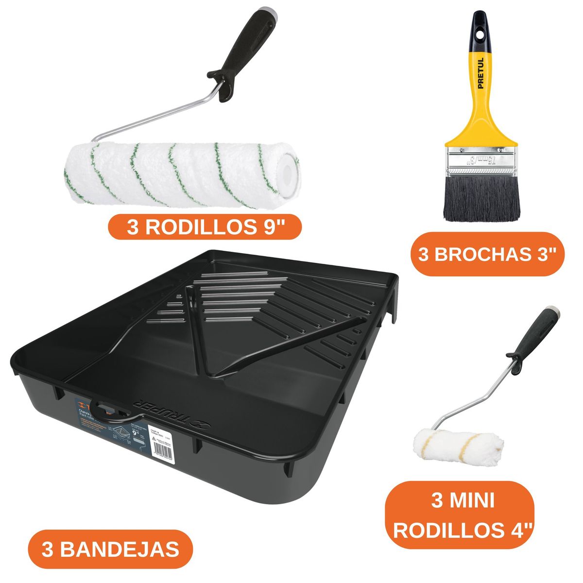 TRUPER - Combo pintor fino acabado rodillos brochas bandeja Megadumbo TRUPER