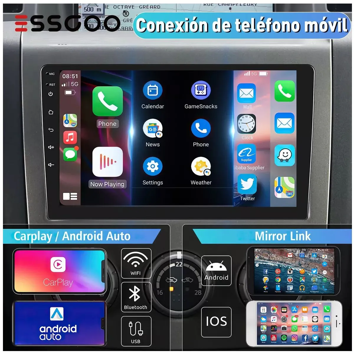 GENERICO - Autoradio 4+64GB Qled 9pulg Android 13 Carplay + Auto Inalámbrico