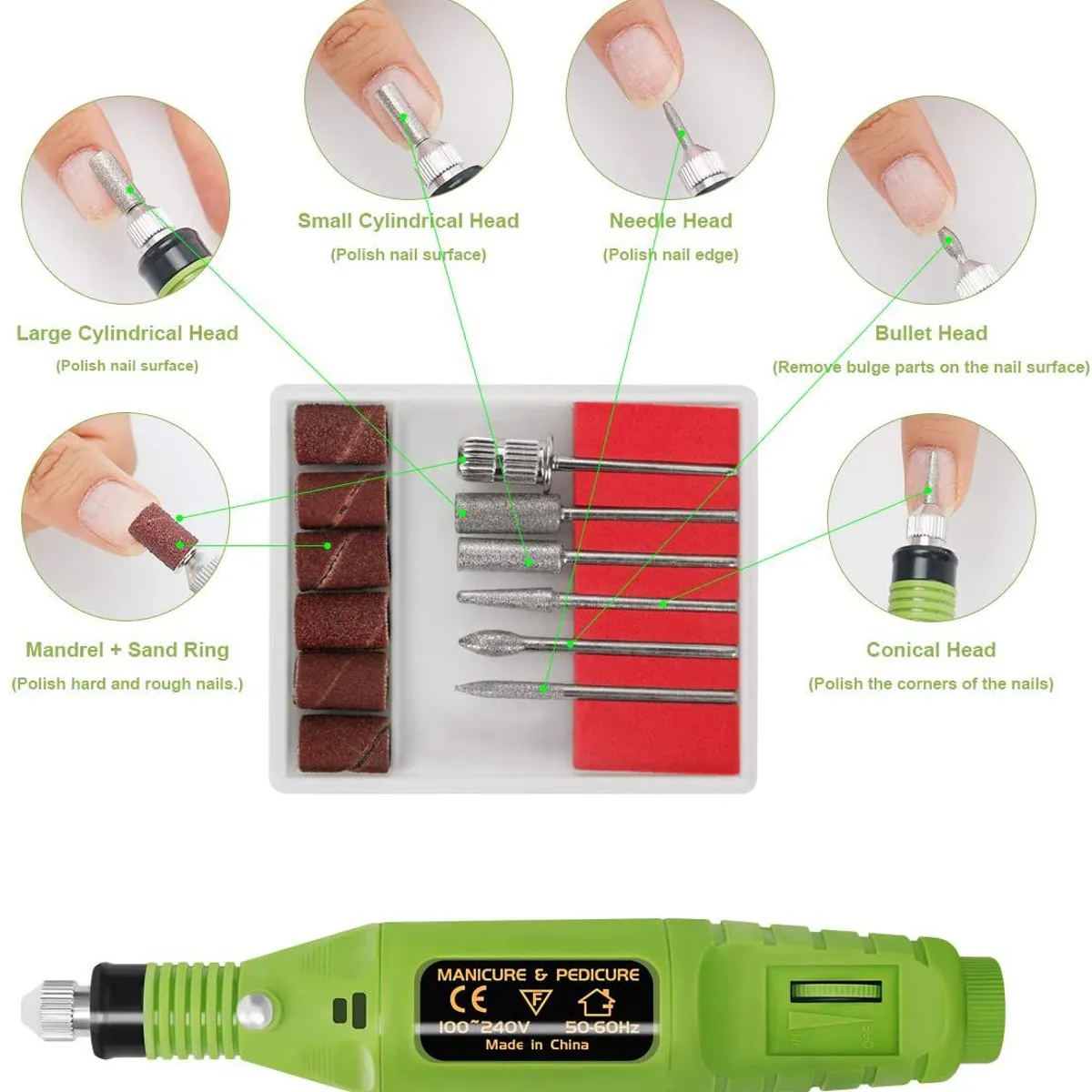 GENERICO - Pulidor De Uñas Eléctrico + 10 Repuestos Lija + Set de Brocas