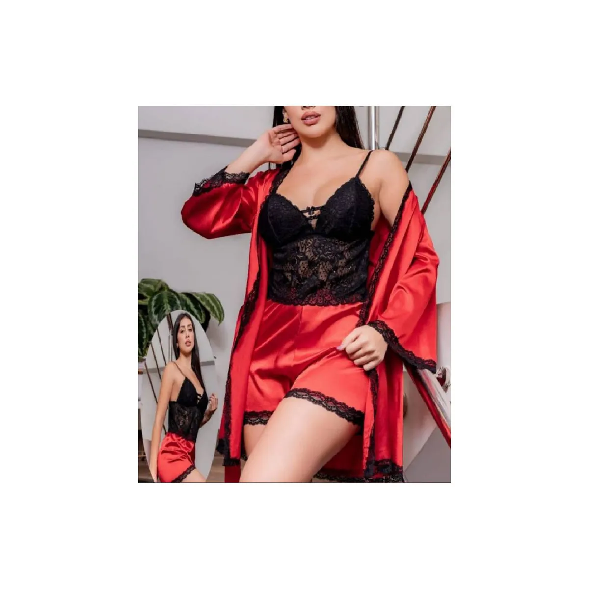 GENERICO - Set de Lencería con Encaje Floral de Satén con Bata