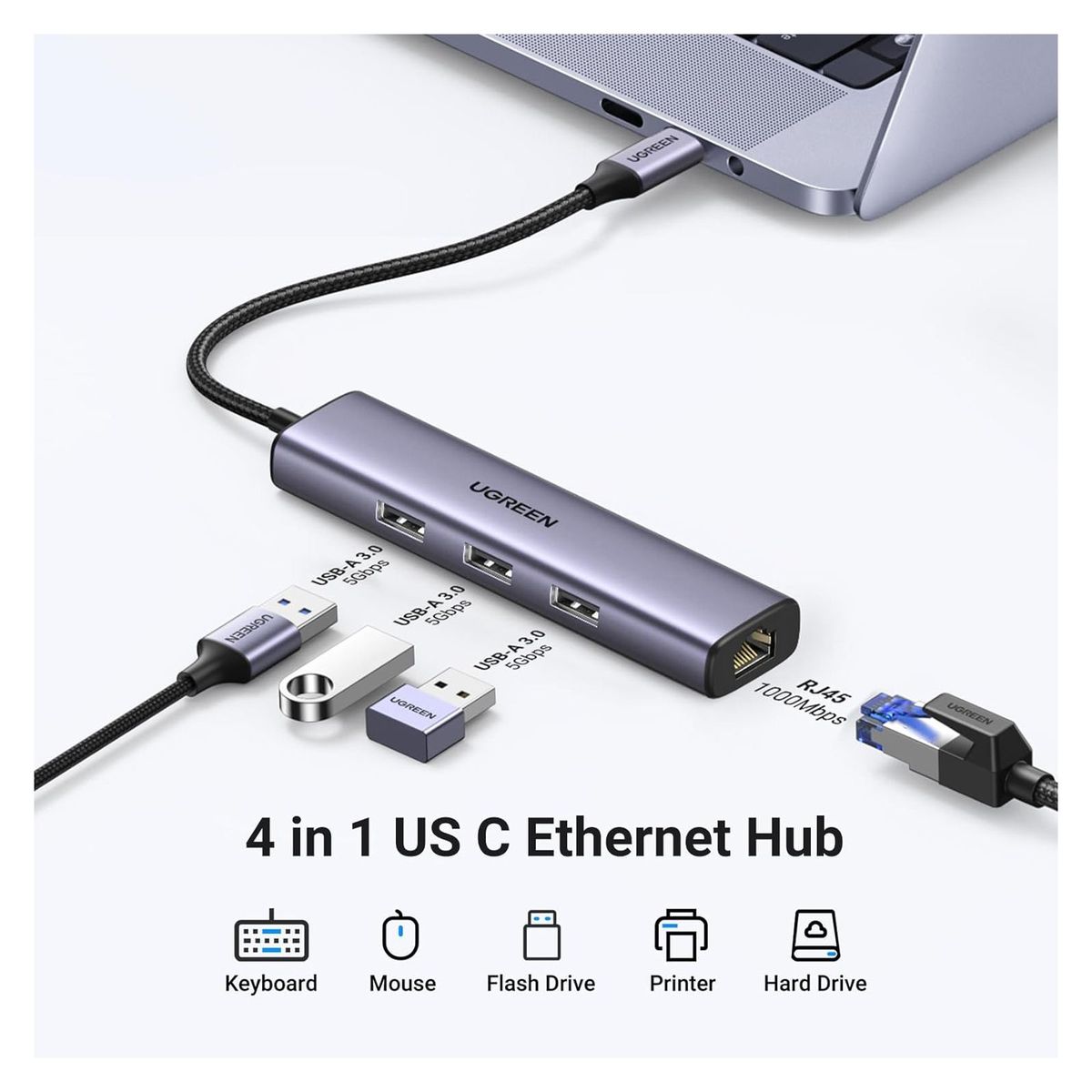 UGREEN - Adaptador Hub Tipo C 4 En 1 - Ethernet 1000 Mbps, 3 x USB 3.0 - UGREEN