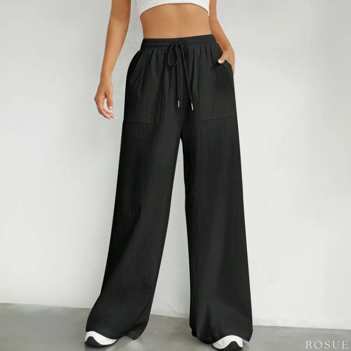 ROSUE - Pantalón Palazzo holgado con cordón en la cintura fresco negro