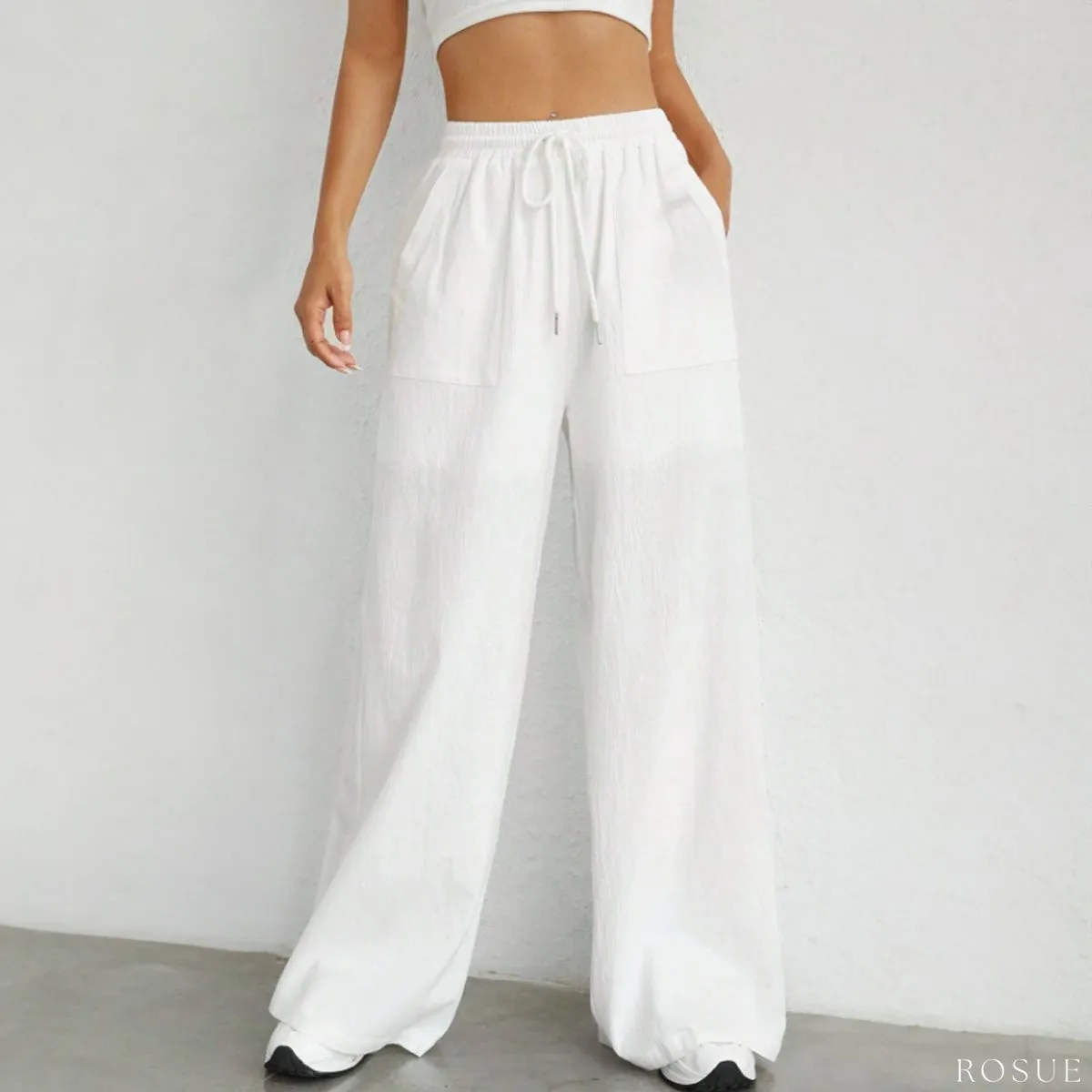 ROSUE - Pantalón Palazzo holgado con cordón en la cintura fresco