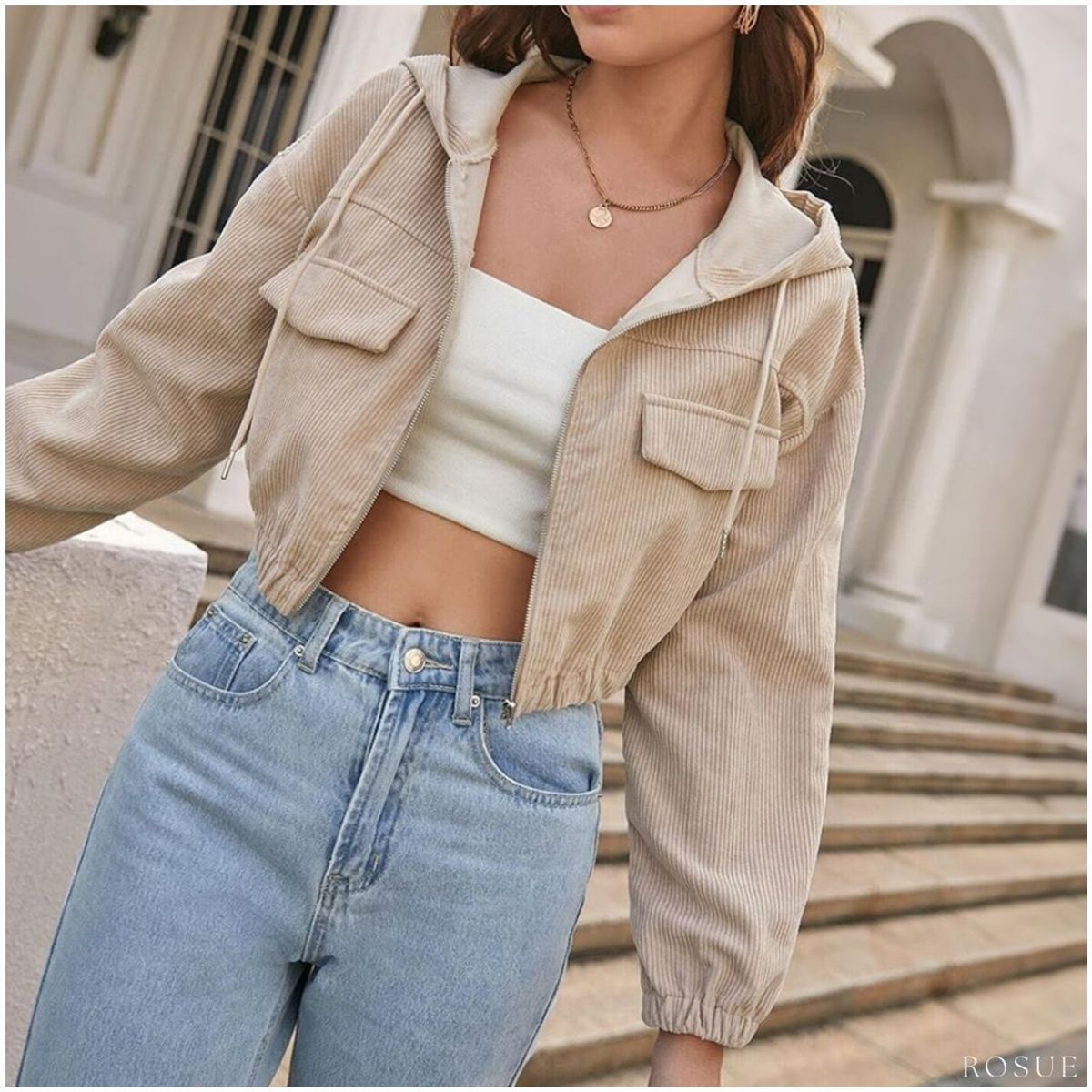 ROSUE - Casaca corduroy de mujer estilo crop