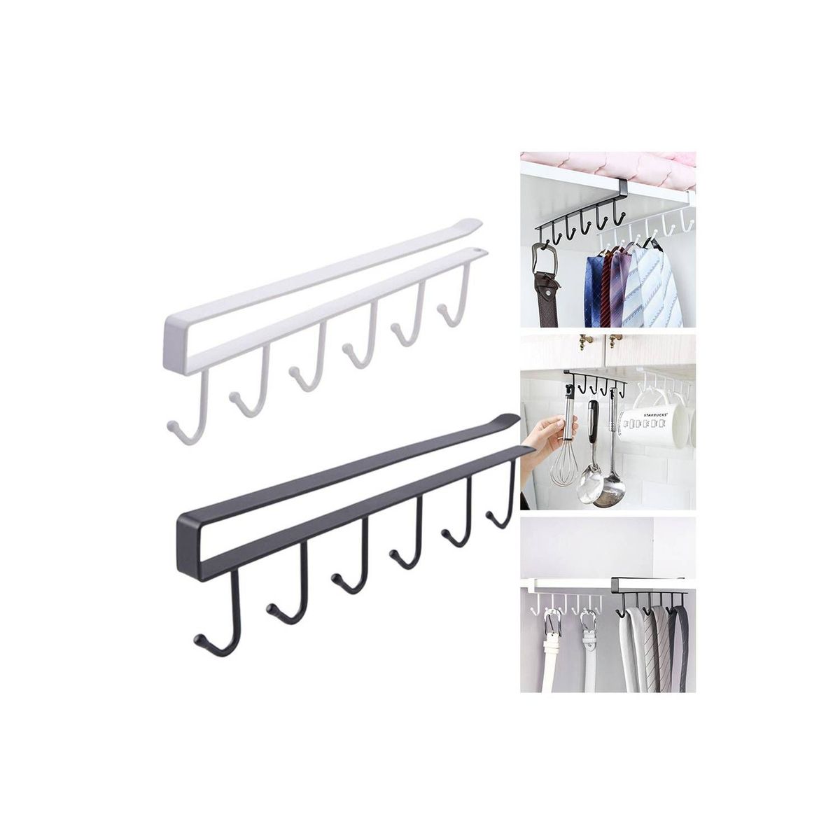 GENERICO - Colgador de 6 Ganchos para Repisa Multiuso Pack x 2 Blanco