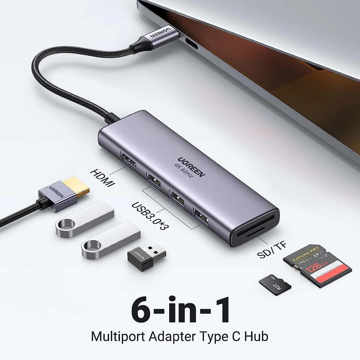 UGREEN - Hub Ugreen Usb-C 6 In 1 Hdmi/Sd/Tf 3Xusb 3.0 4K@60Hz Cm511-Grey