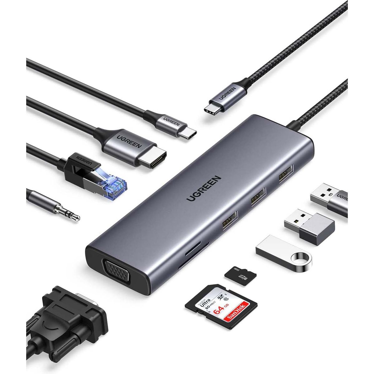 UGREEN - Hub Ugreen Usb-C 10 In 1 HdmiVga 4K Ethernet 1Gbps 100W Pd Grey