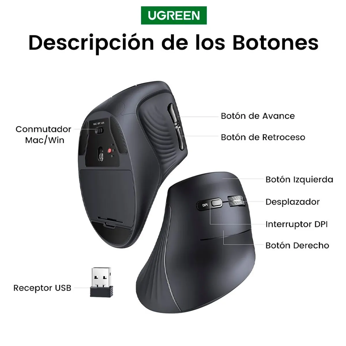 UGREEN - Mouse Vertical Inalambrico Bluetooth 24Ghz Silencioso Ergonomico