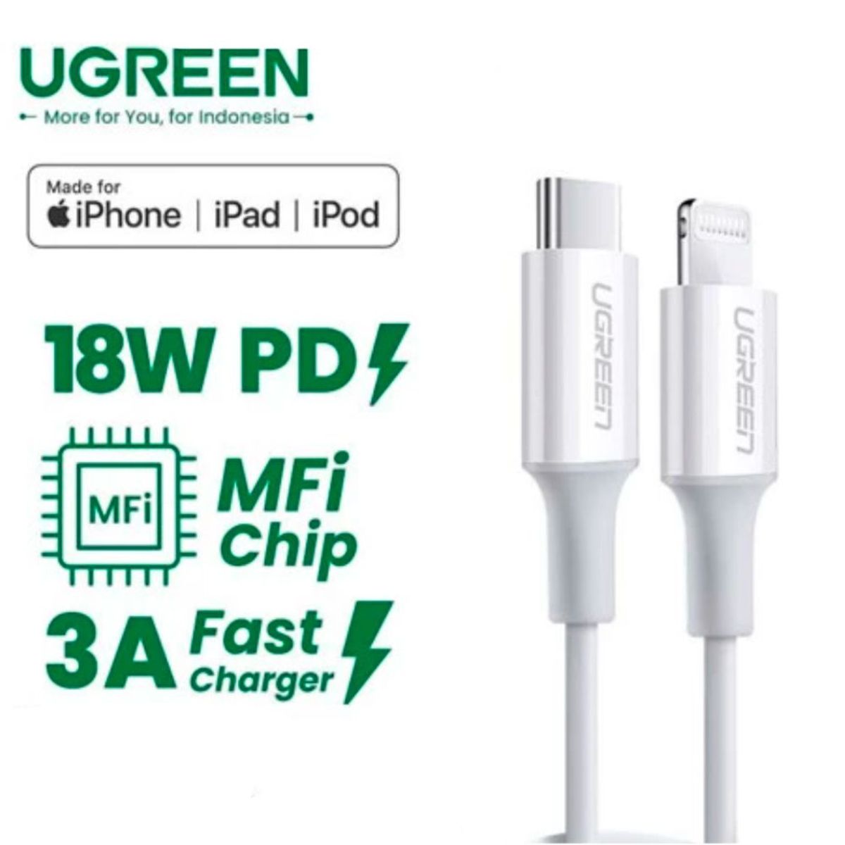 UGREEN - Cable UGREEN Type C a Lightning 60W Certificado MFI para iPhone 14/13 pro, iPad Pro1M US171 - 10493 BLANCO