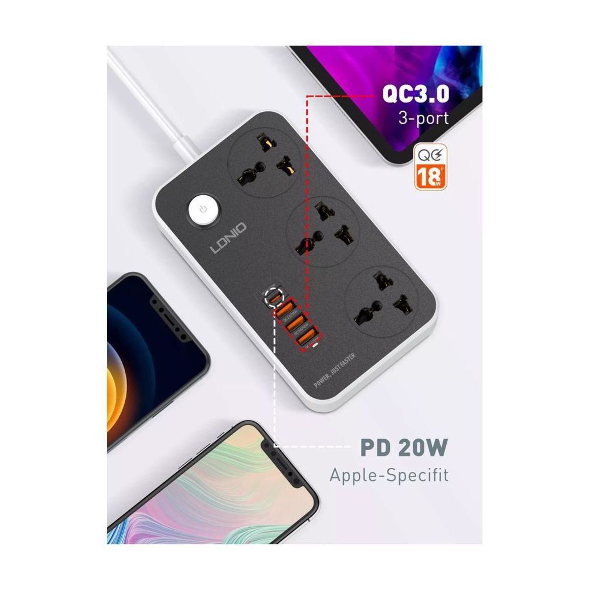 LDNIO - Extensión de pared ldnio sc3412 38w pd20w 2 metros 3 socket 4 usb