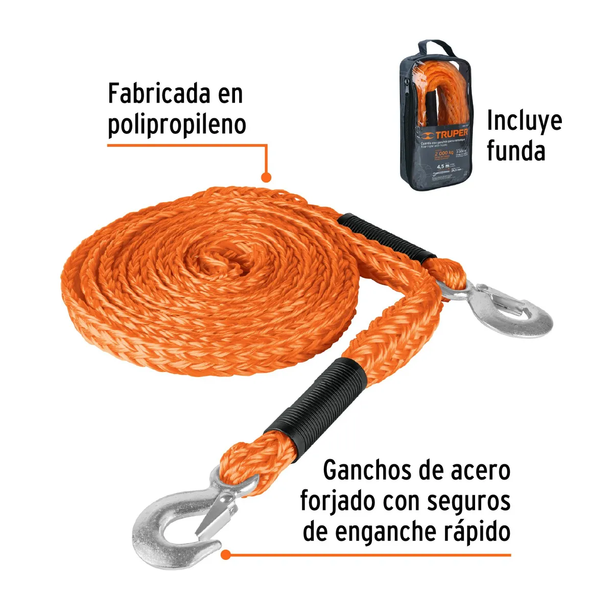 Truper - Correa Soga Cuerda 4.5 Mtrs Remolque con Gancho 18346 Truper