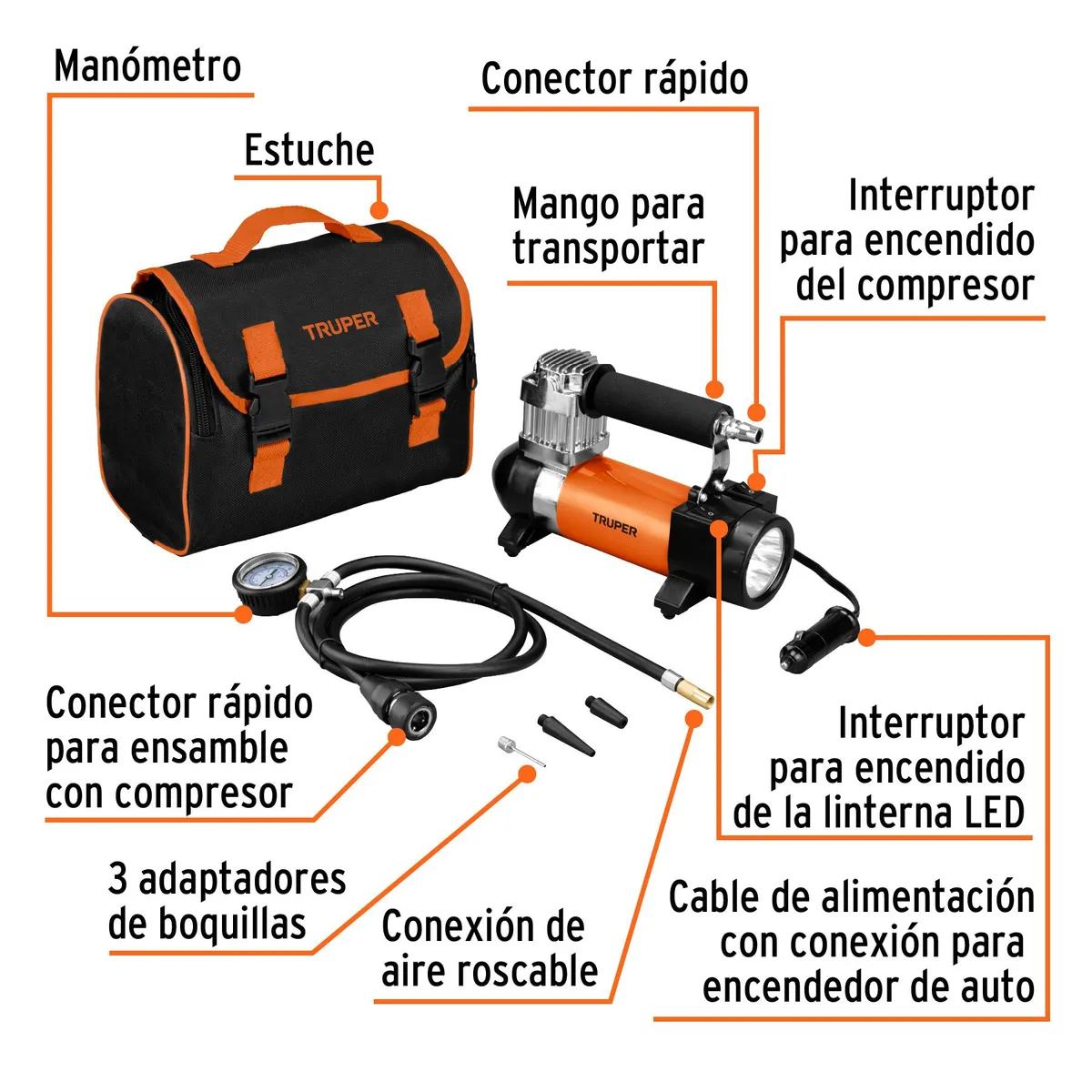 TRUPER - Compresora Inflador Aire Portátil Auto 12V 19999 Truper