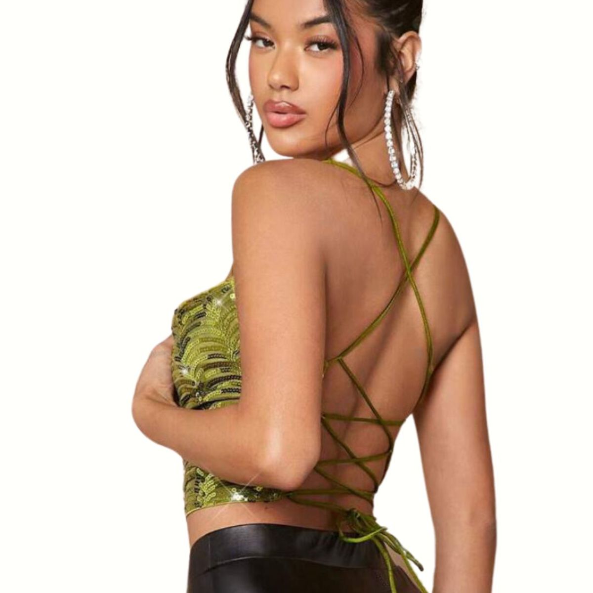 GENERICO - Top Verde Brillos Espalda Descubierta Fiesta