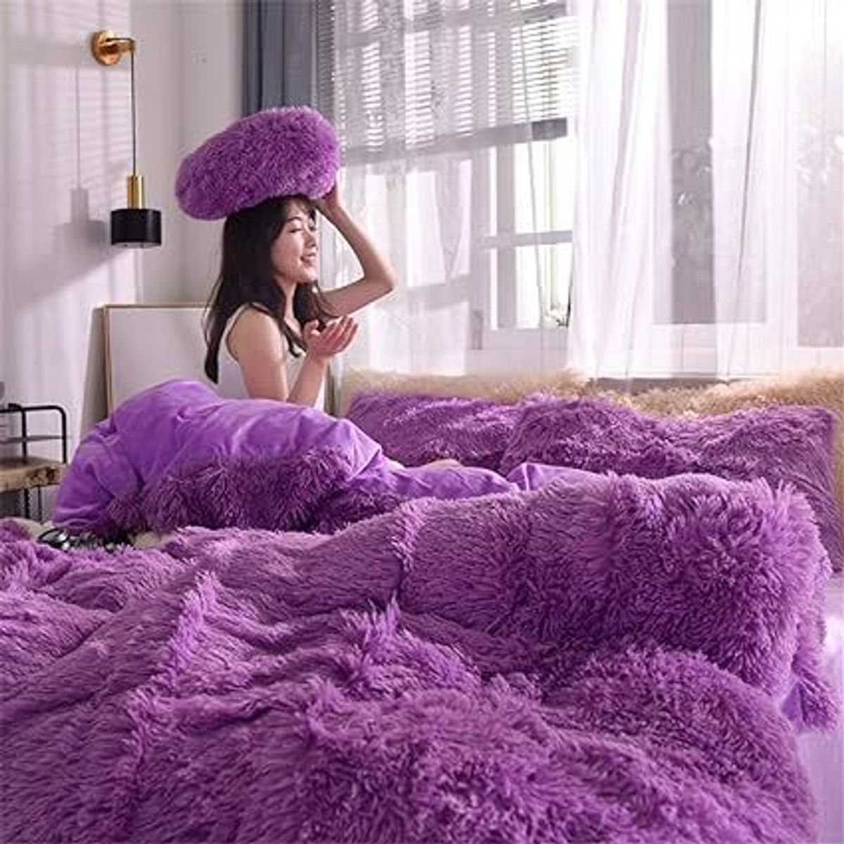 GENERICO - Edredón Tela Piel de Oso y dos fundas para almohadas Morado