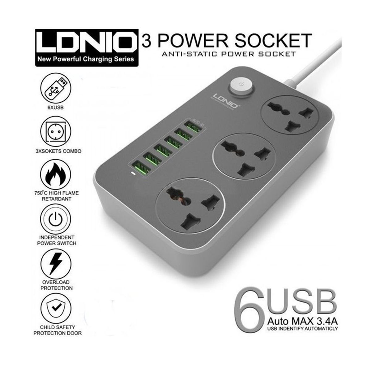 LDNIO - Ldnio Sc3604 Extensión toma corriente 6 usb3 sokets - negro