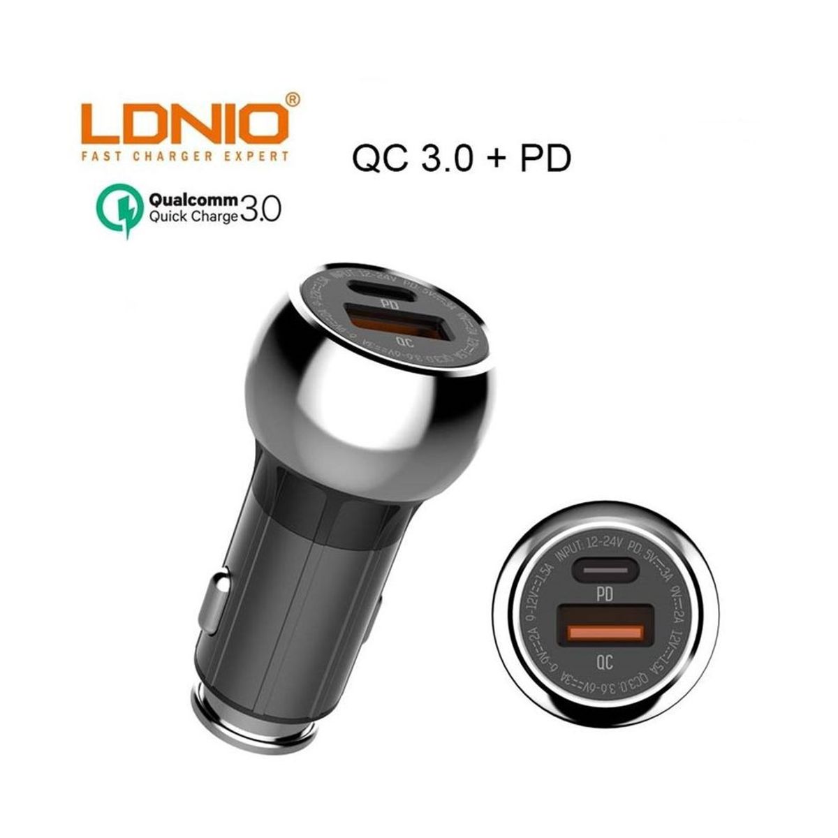LDNIO - Cargador de auto de carga rápida ldnio 2 usb pd + qc30 - negro