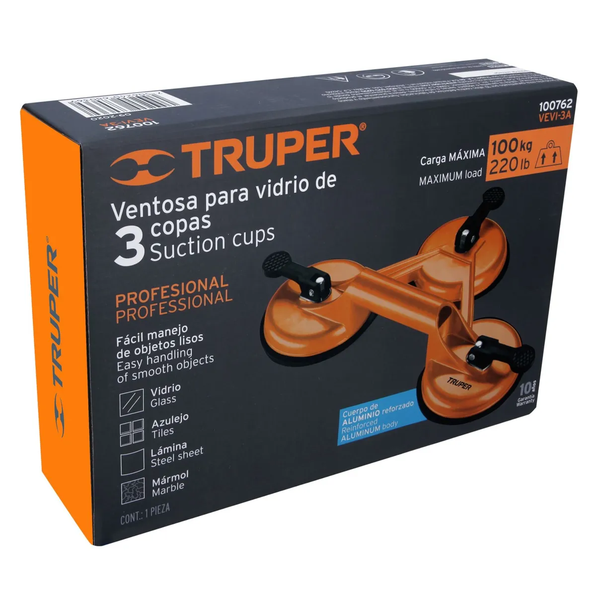 TRUPER - 2 Ventosas de 3 copas de succión, para porcelanato, marmol, vidrio