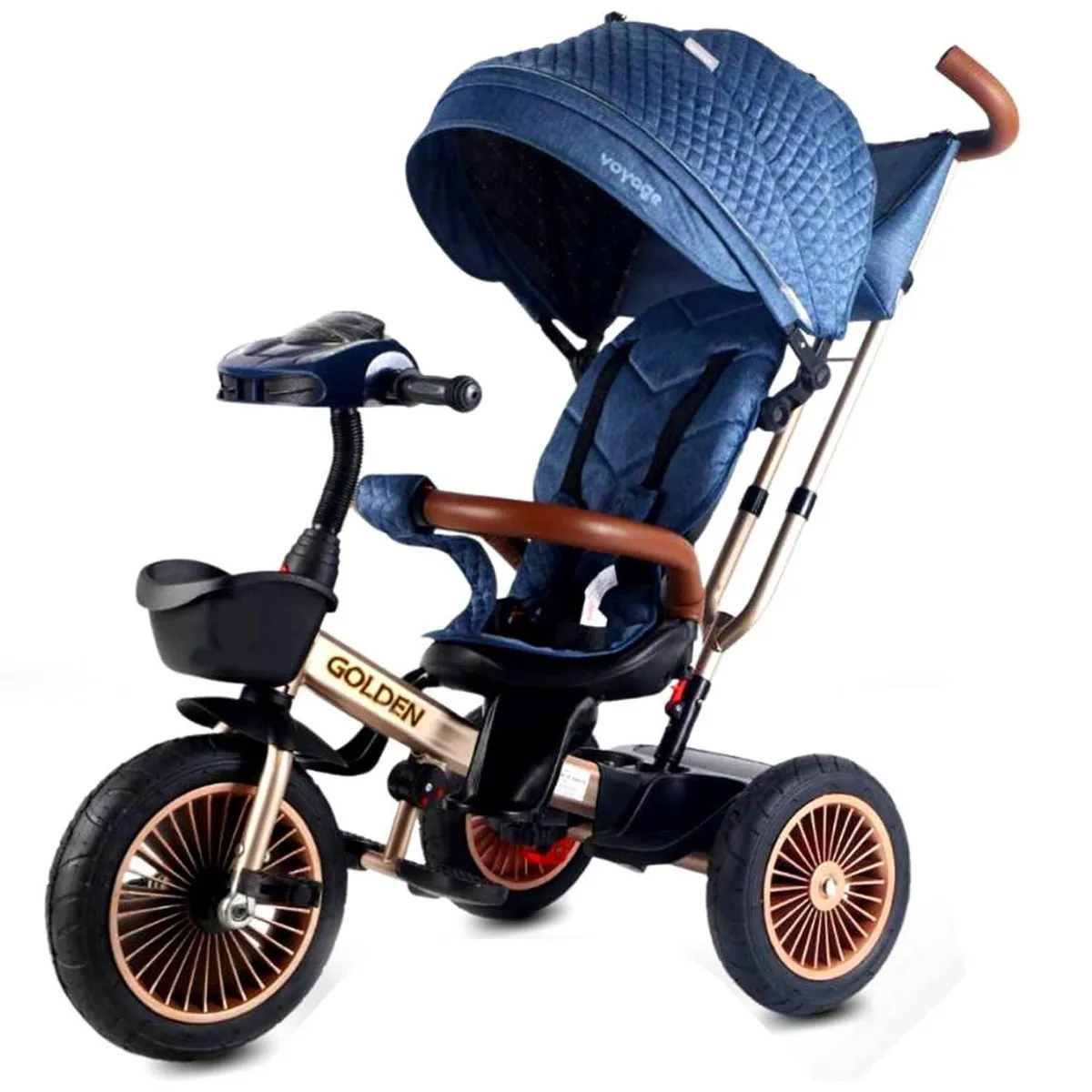 VOYAGE - Triciclo Asiento Giratorio Voyage GOLDEN con Tela UV Azul