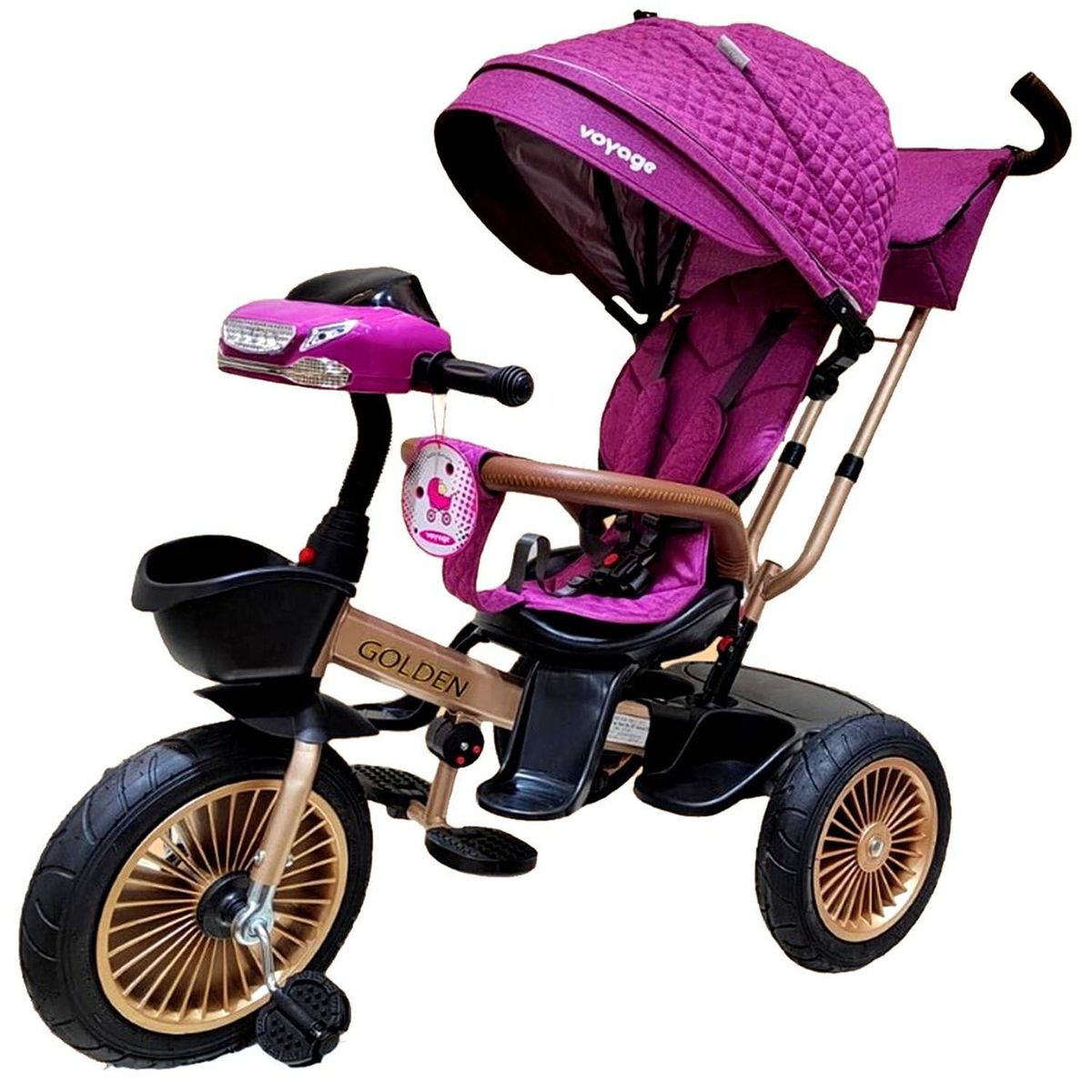 VOYAGE - Triciclo Asiento Giratorio Voyage GOLDEN con Tela UV Fucsia