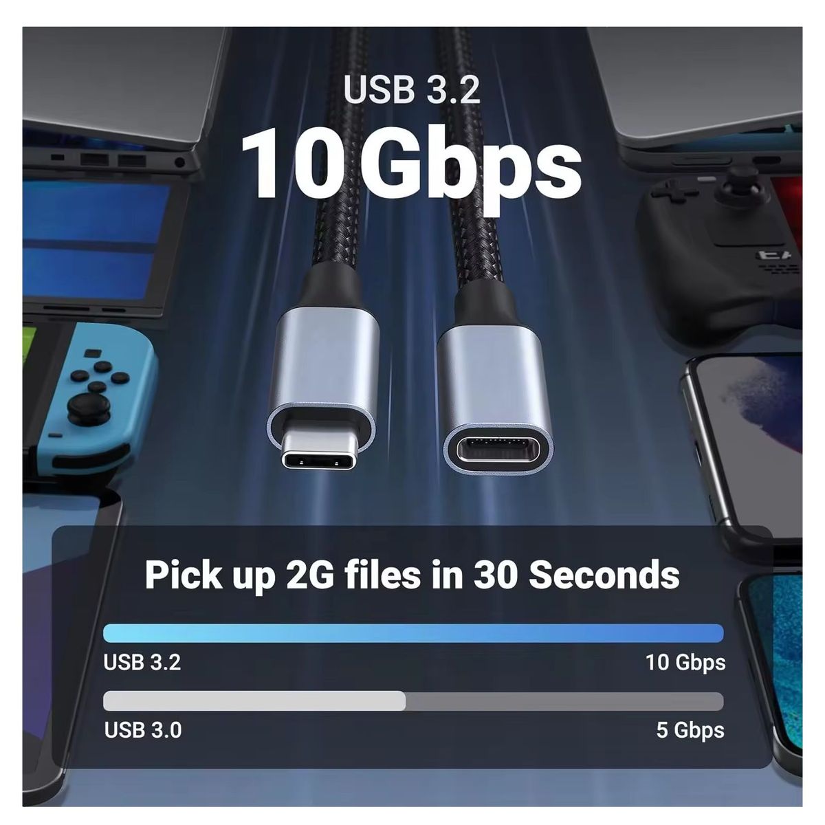 OEM - Cable Extension Usb C 3.1 Gen2 4K 60Hz Trenzado PD 100W - 3 Metros