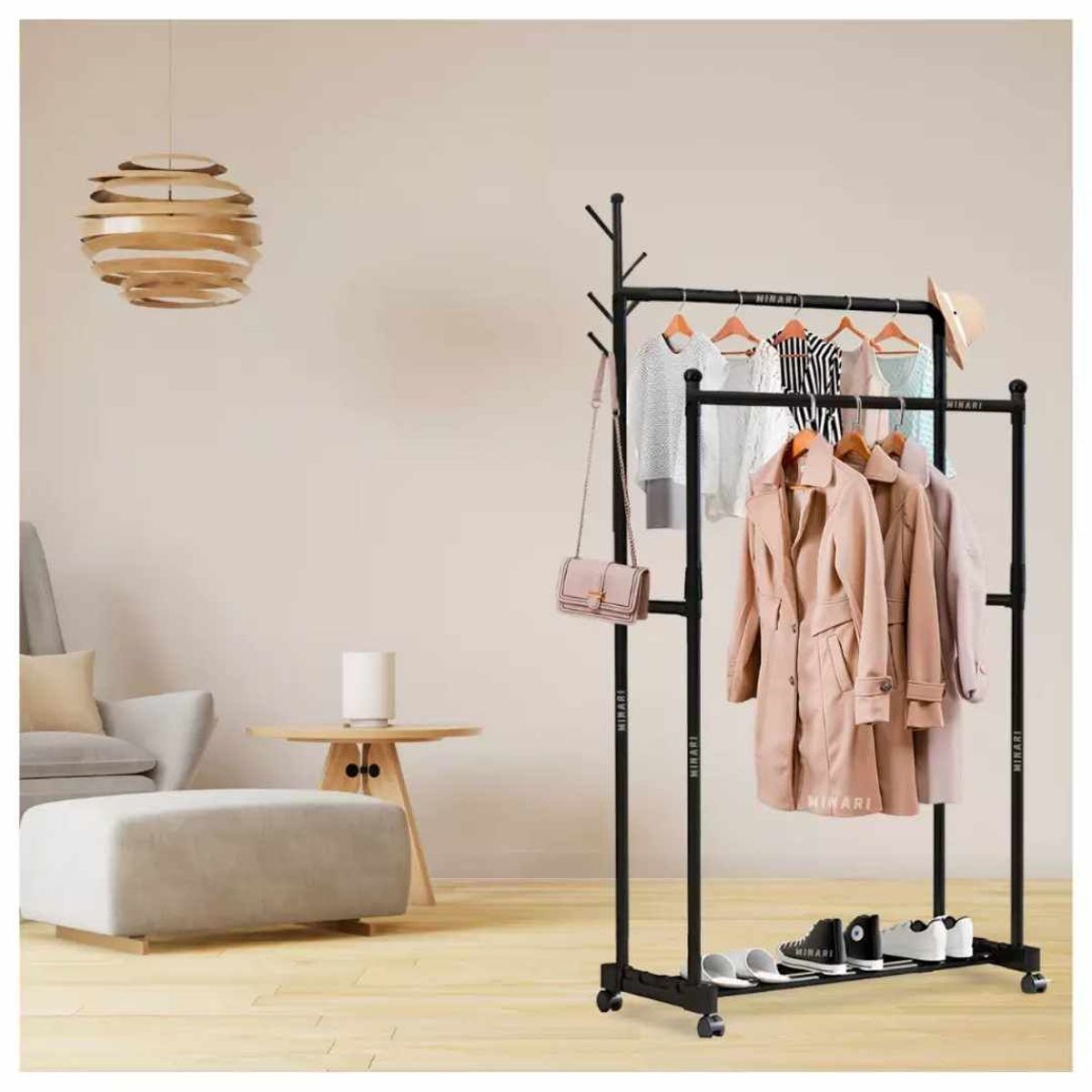 GENERICO - Perchero Organizador de Ropa Doble Estante Zapatero Negro-02