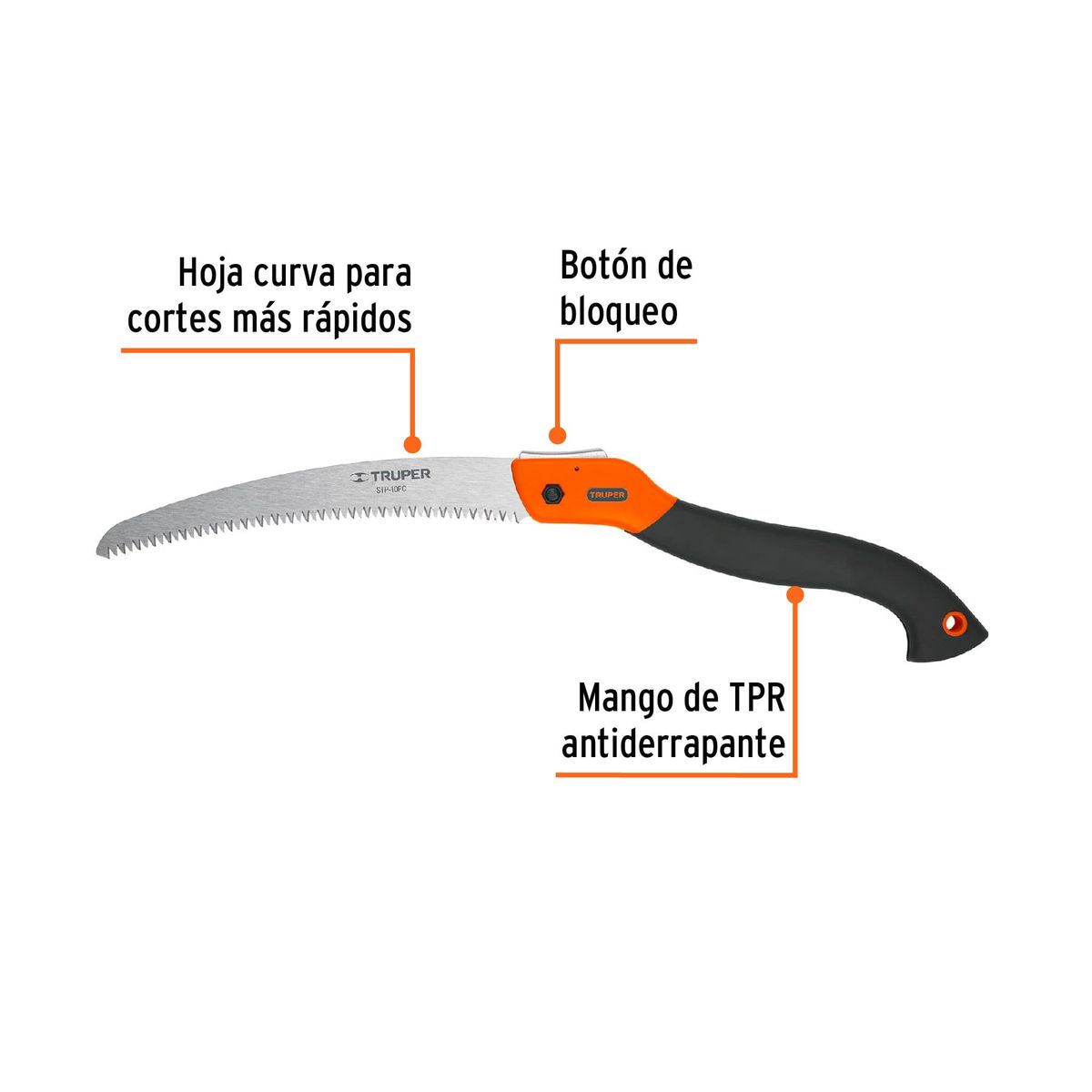 TRUPER - Serrucho plegable 10" hoja curva 5 DPP mango plástico