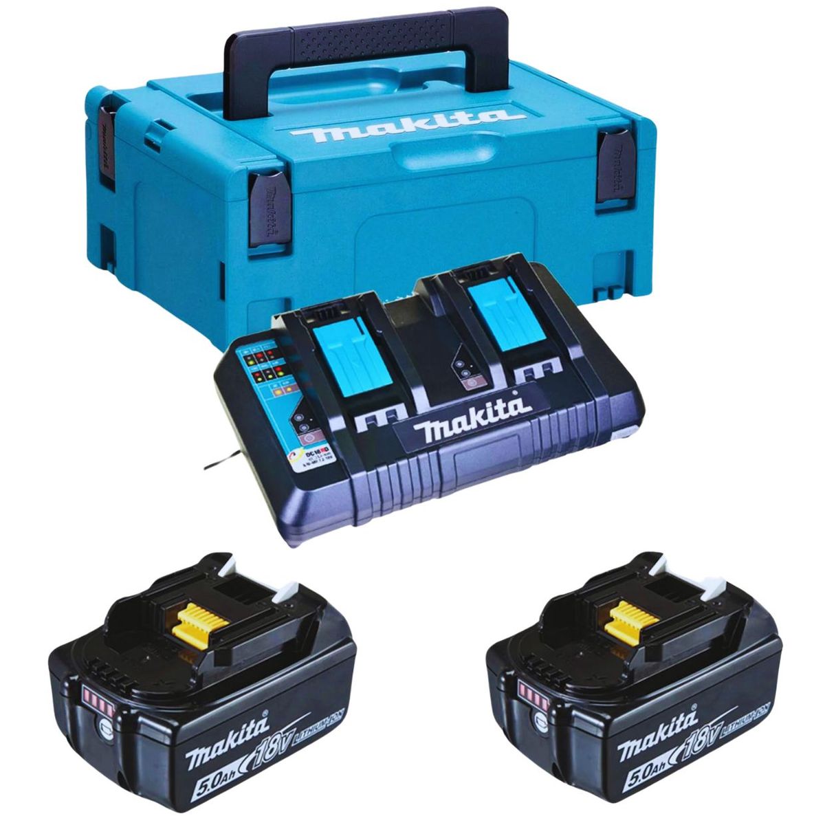 MAKITA - Set de 2 Baterías 18V LXT 5.0 Ah + Cargador Doble + MakPac Makita