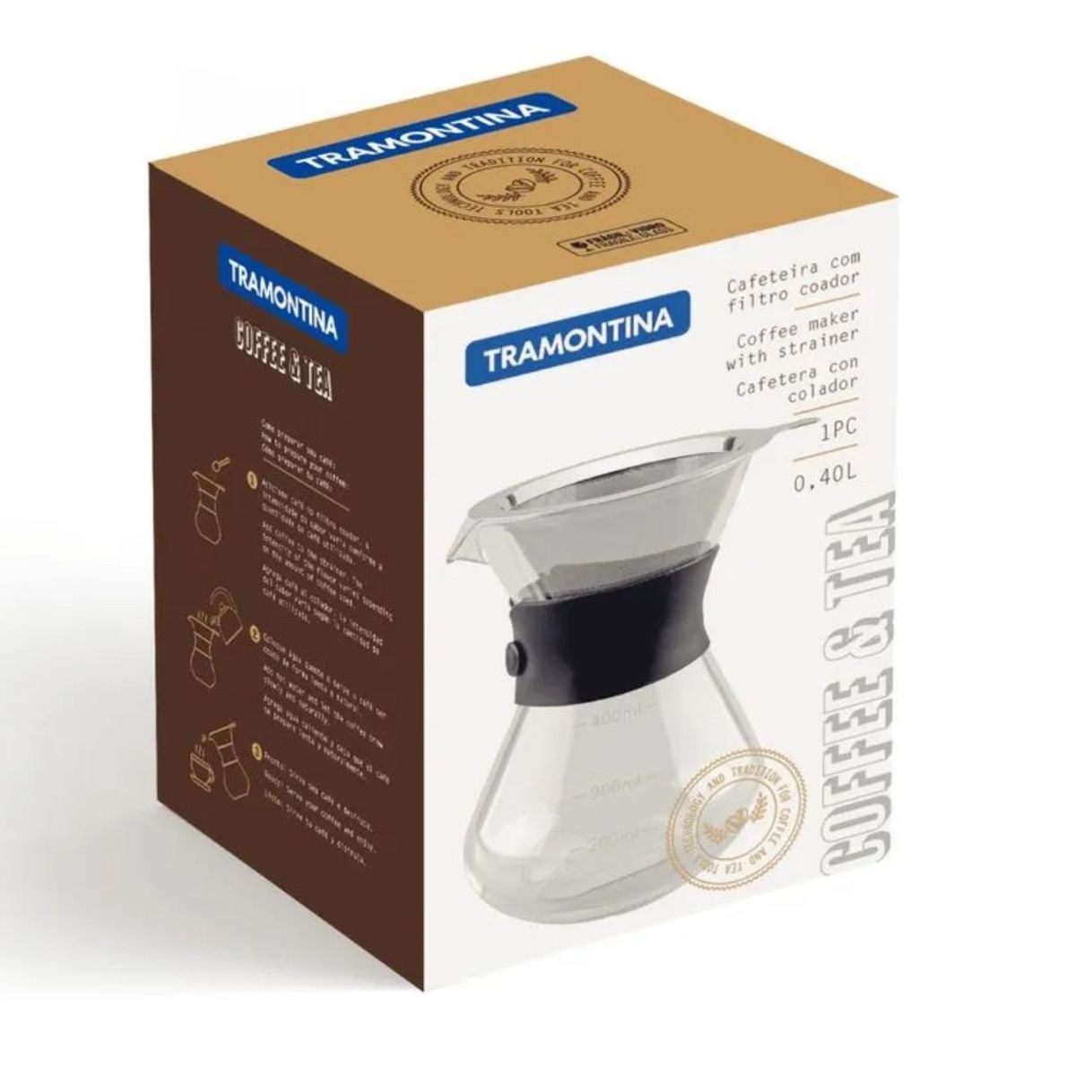 TRAMONTINA - Cafetera de Vidrio con Filtro de Goteo de Acero Inoxidable de 400 Ml