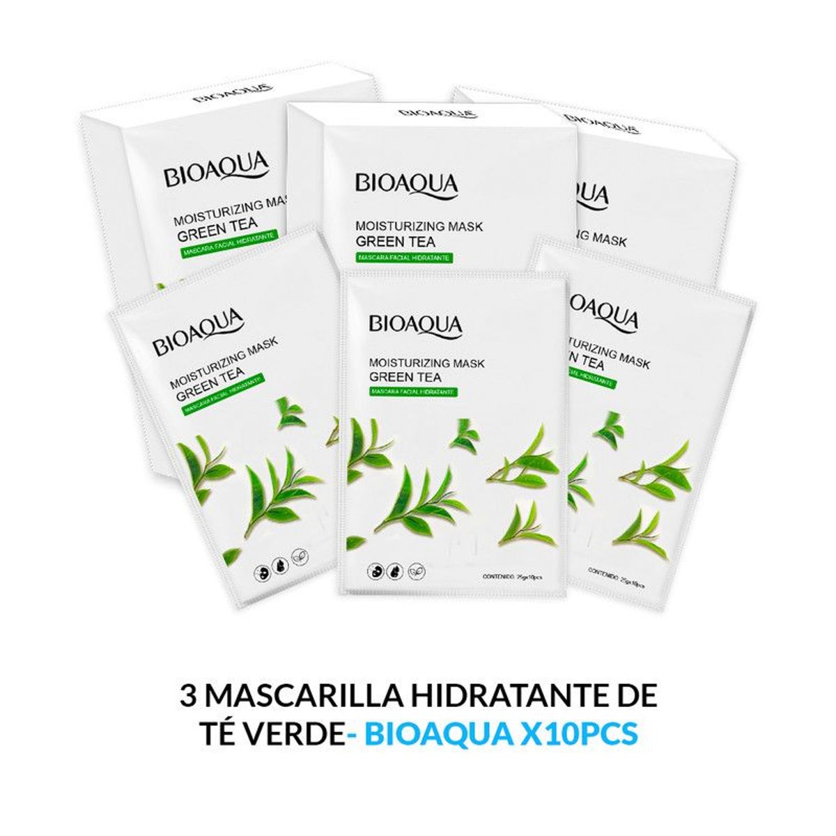 BIOAQUA - 3 Mascarilla Facial Hidratante De Té Verde 25Gx10 Pcs - Bioaqua