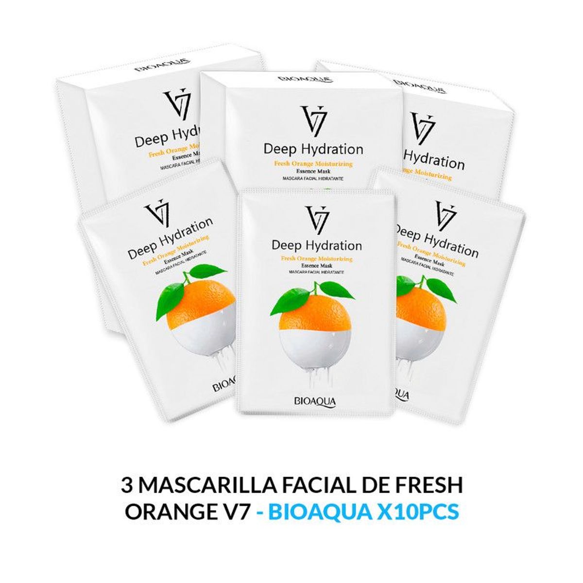 BIOAQUA - 3 Mascarilla Facial De Esencia De Naranja De Hidratación Profunda V7 30G X 10Pcs - Bioaqua