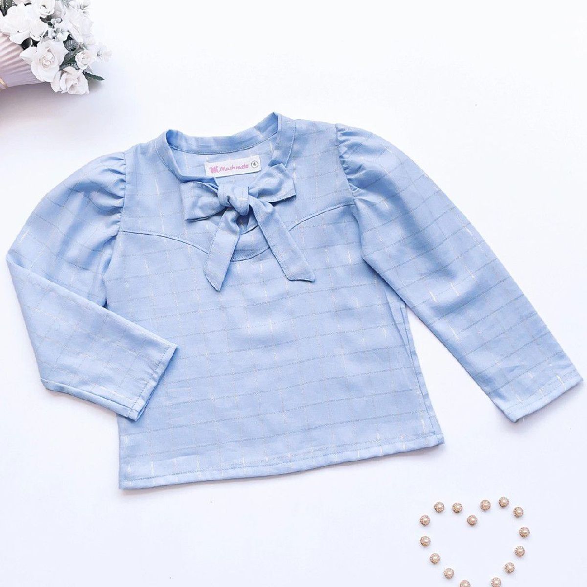 KIDS MASHMELO - Blusa de Cuadros con Lazo en el Cuello para Niña Kids Mashmelo