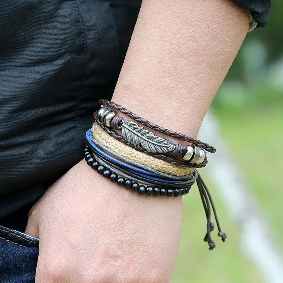 GENERICO - Pulseras de Cuero para Hombres - Hoja plata