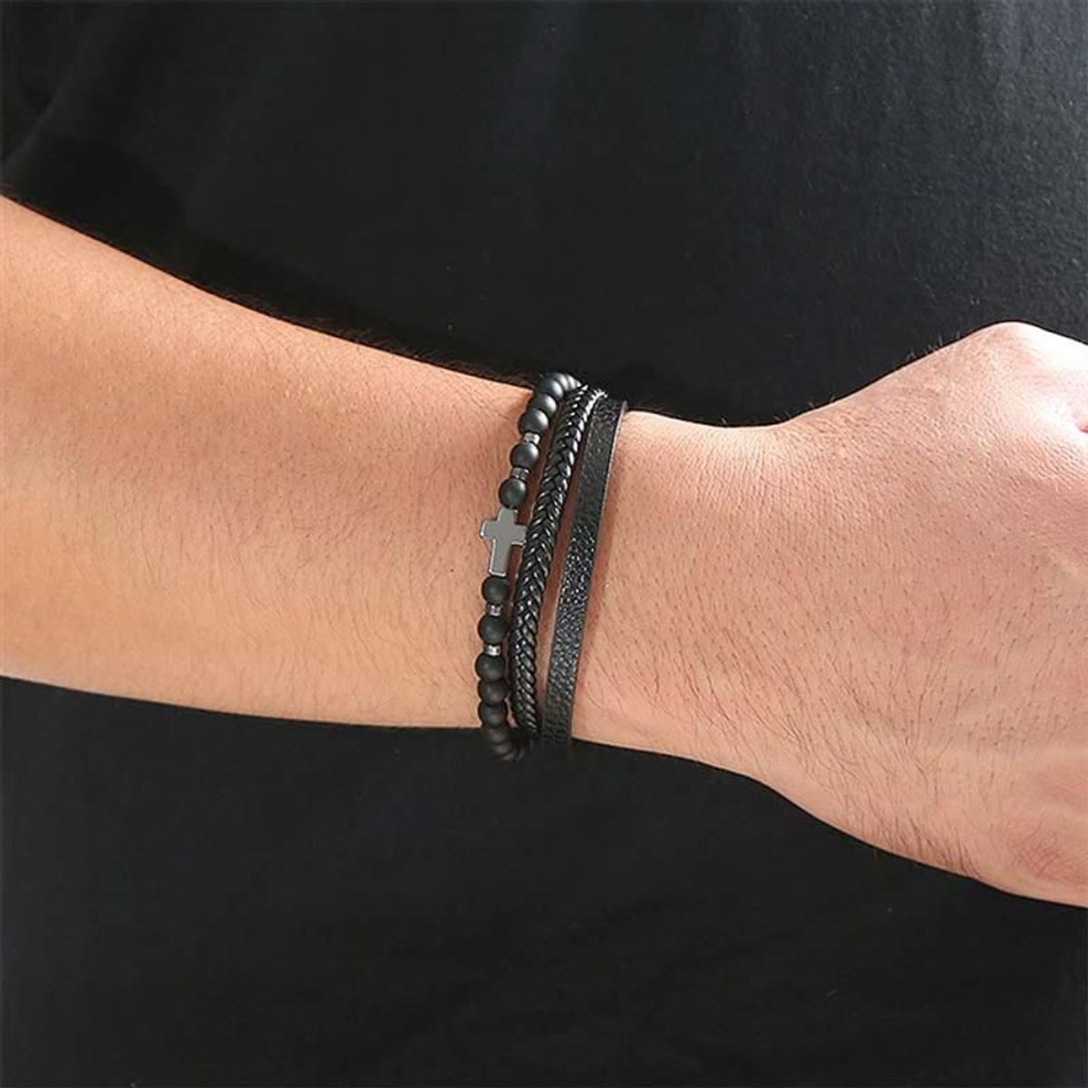 GENERICO - Pulseras de Cuero para Hombres Negro - Cruz