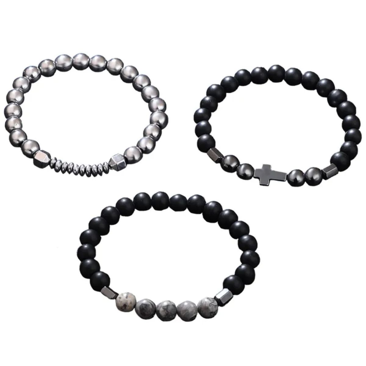 GENERICO - Set de 3 Pulseras con Cruz en Piedras Volcánicas y Acero Inoxidable