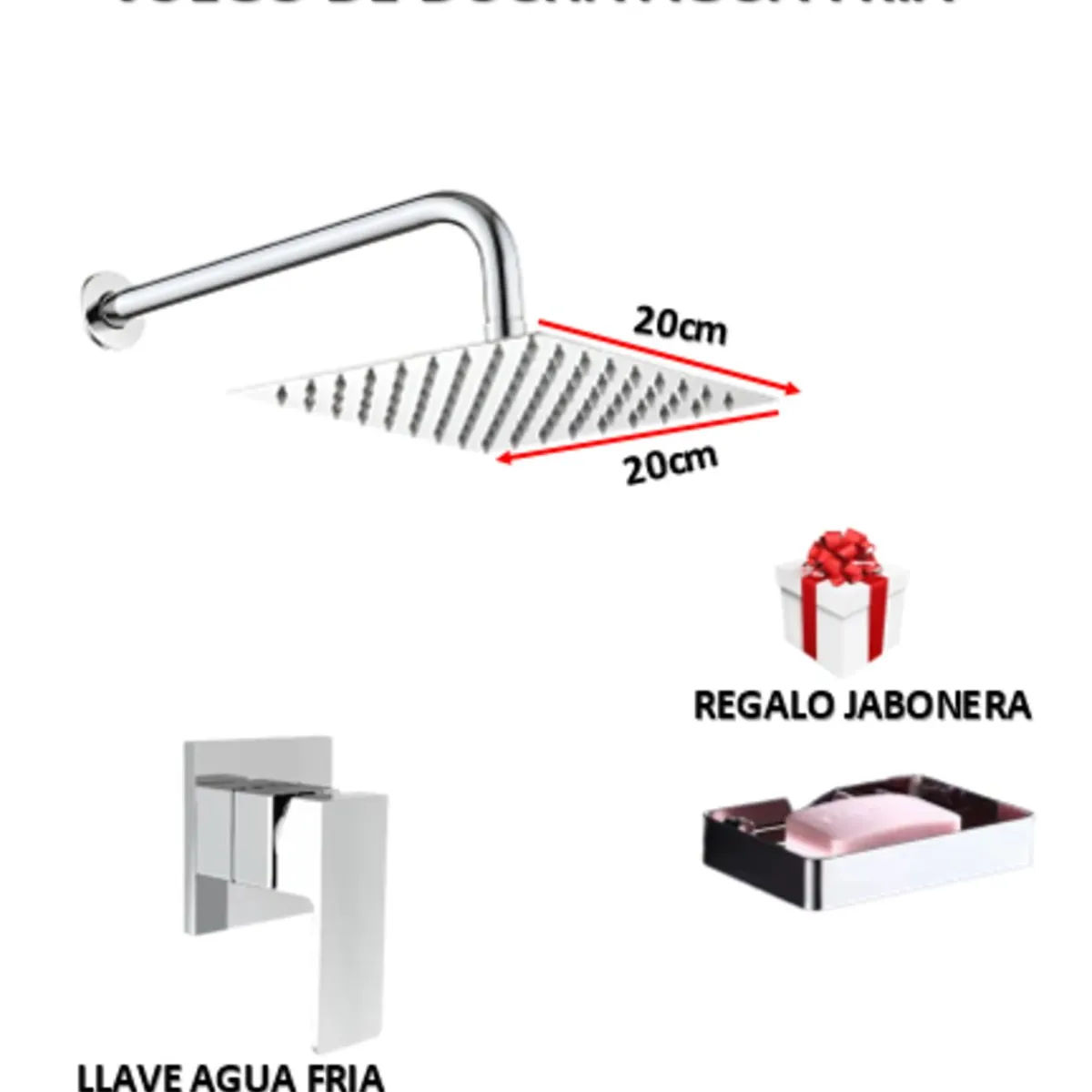 GENERICO - JUEGO DE  DUCHA  ACERO 20CM + LLAVE DE DUCHA CROMADO AGUA FRIA