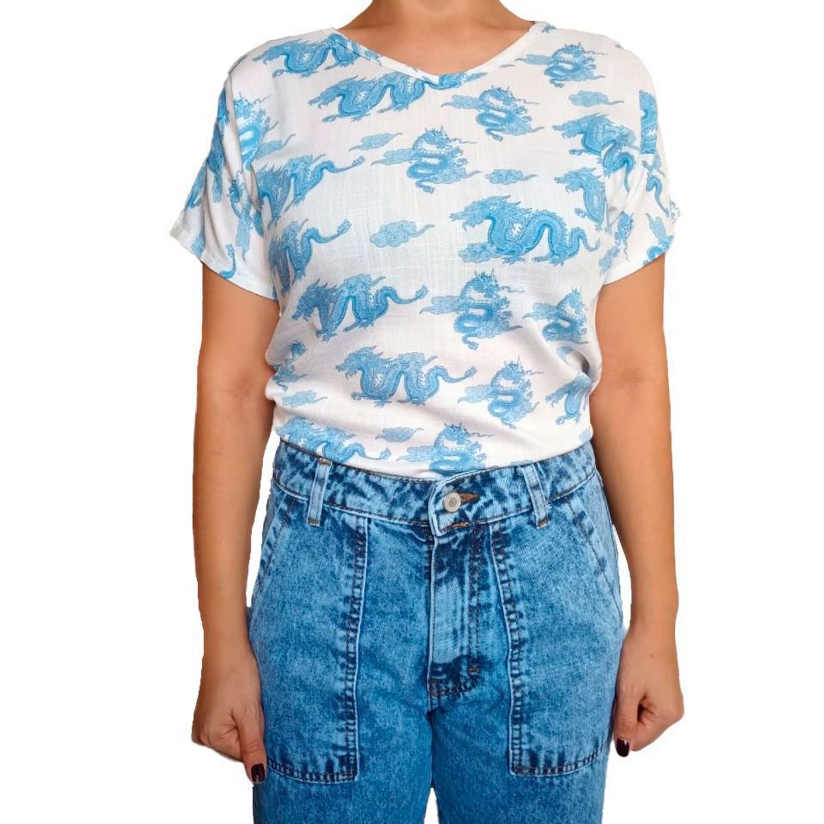 GENERICO - Blusa Mujer Kimono diseño Dragones - Blanco