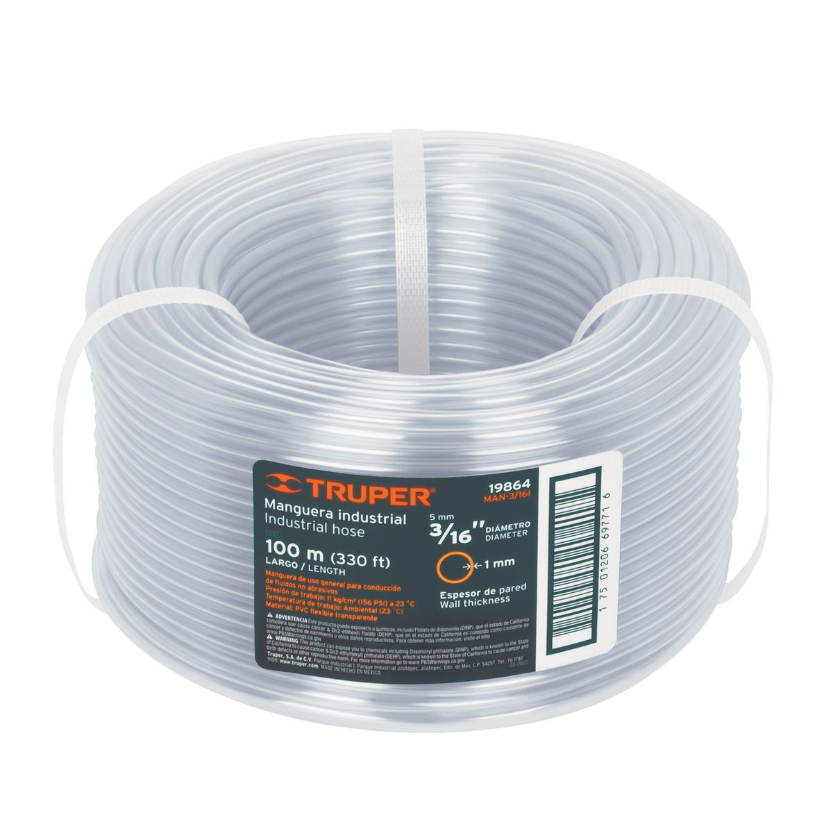 TRUPER - Metro de manguera 3/16" industrial en rollo de 100 m