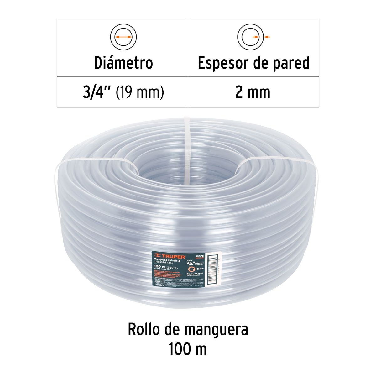 TRUPER - Metro de manguera 3/4" industrial en rollo de 100 m