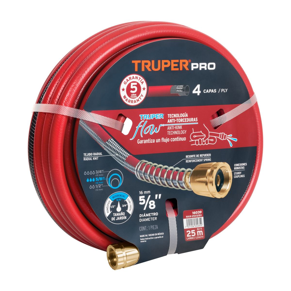 TRUPER - Manguera 5/8" super reforzada 4 capas 25 m conexiones metal
