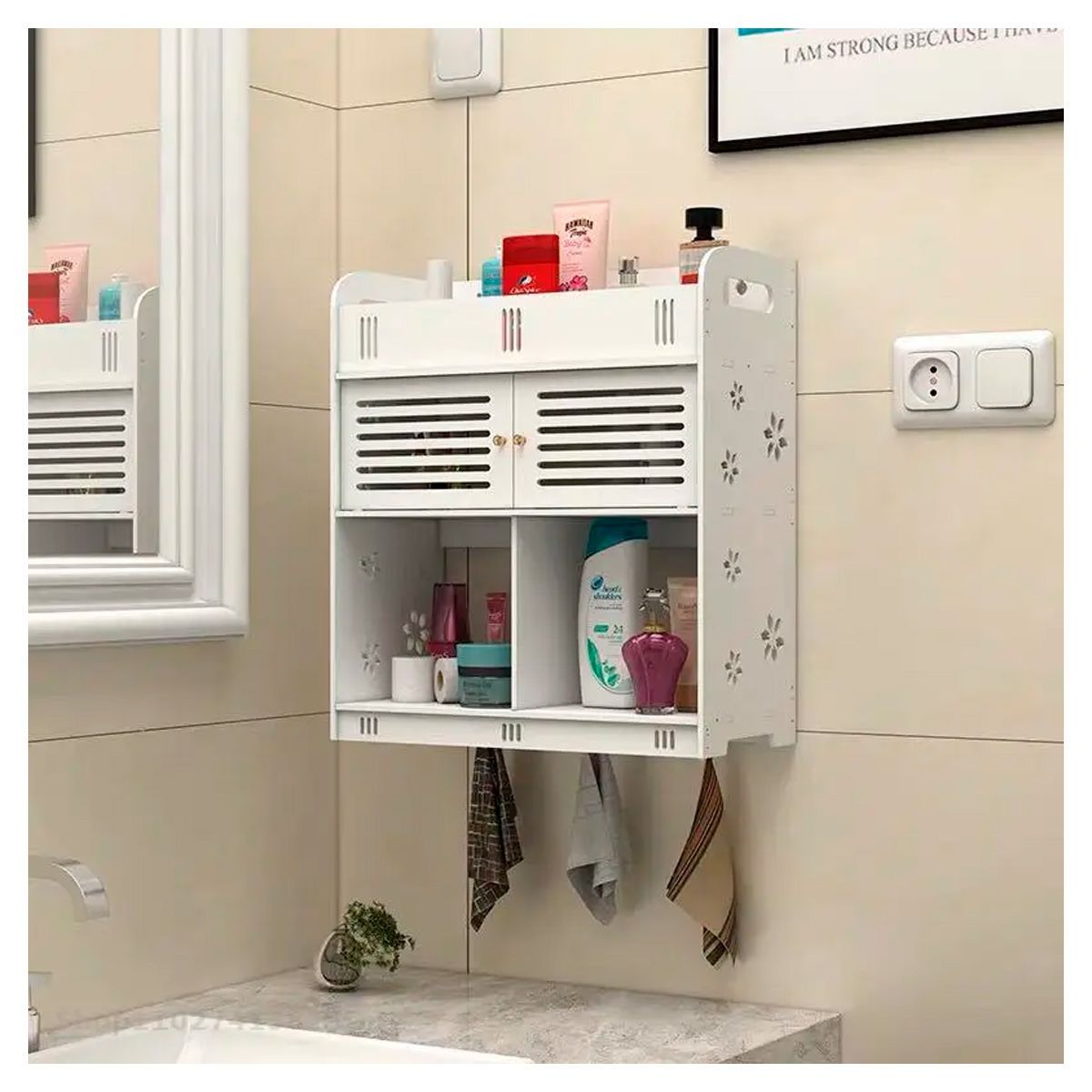 GRETAIL - Organizador Estante De Madera MDF Para Baño Con Puertas Shampoo Cepillo Toalla