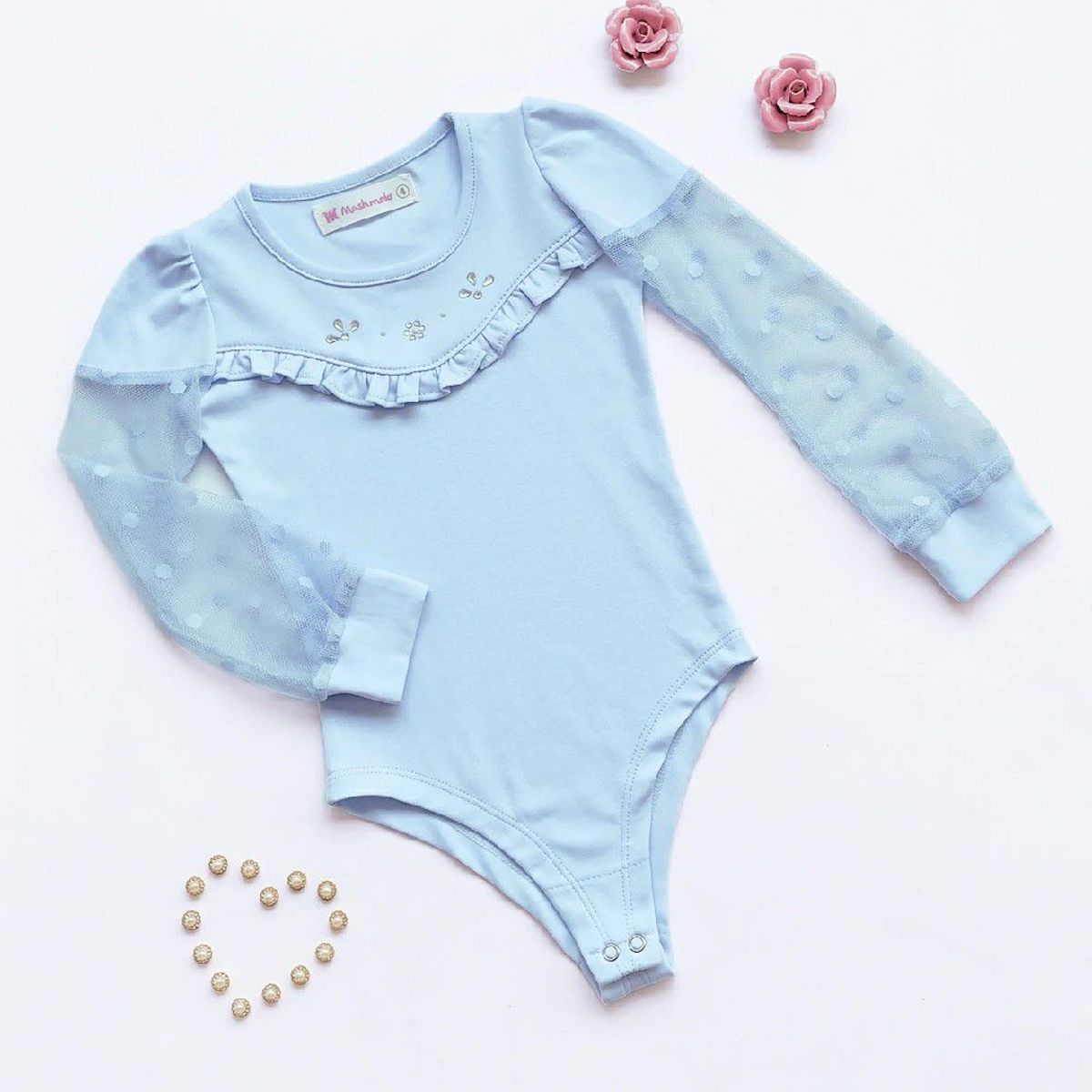 KIDS MASHMELO - Body para Niña Manga Tull Bolitas Kids Mashmelo