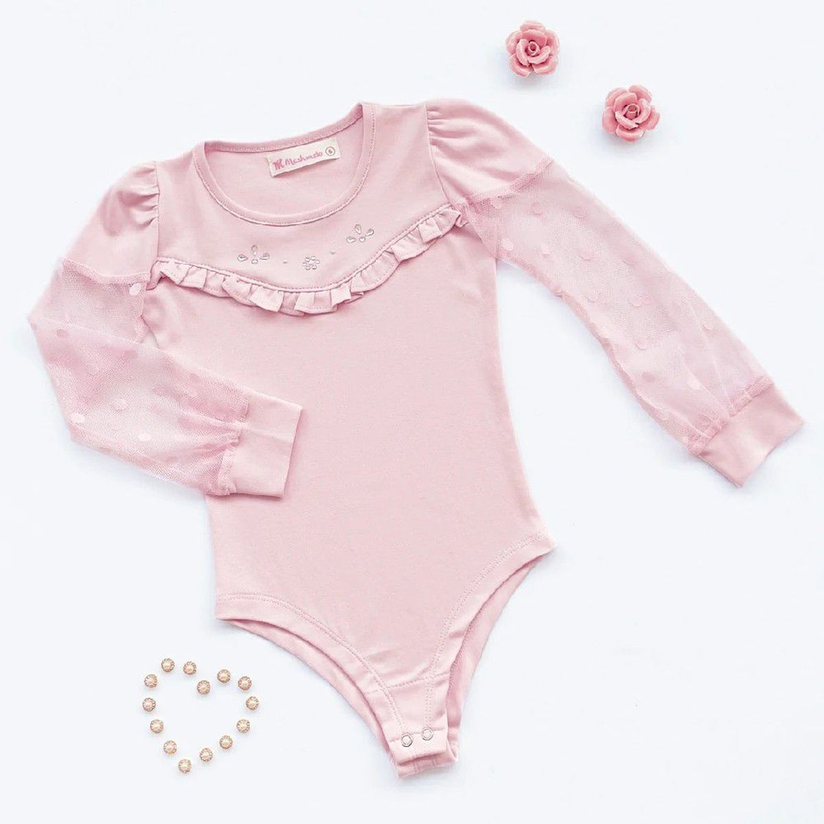 KIDS MASHMELO - Body para Niña Manga Tull Bolitas Kids Mashmelo