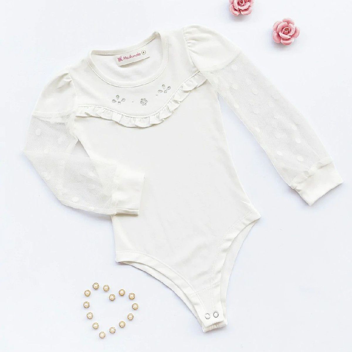 KIDS MASHMELO - Body para Niña Manga Tull Bolitas Kids Mashmelo