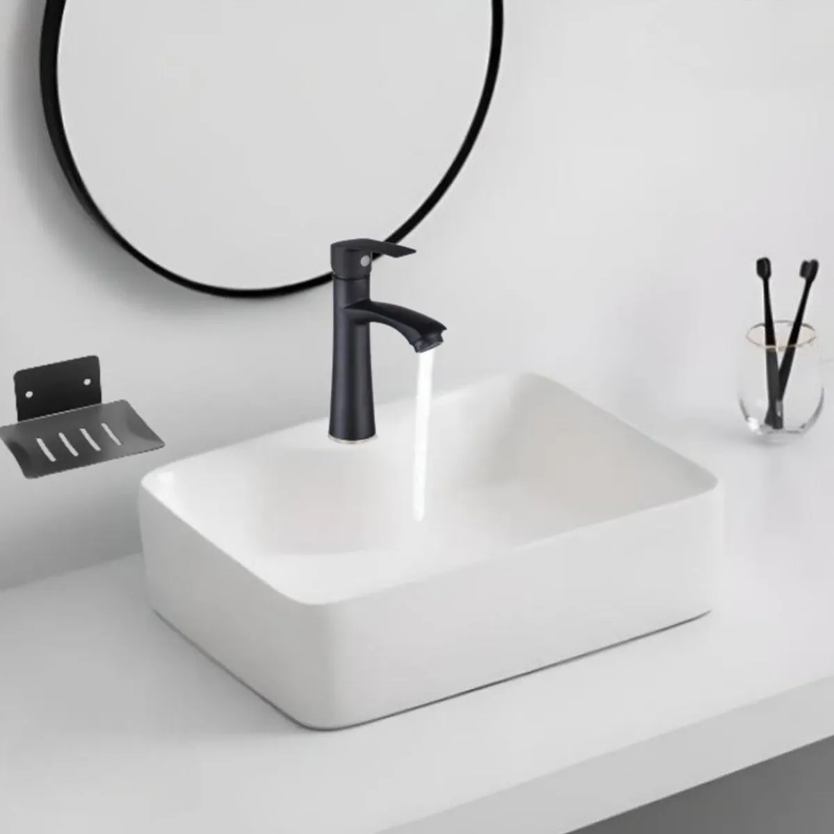 IMPORTADO MC - COMBO DE LAVATORIO GRIFERIA COLOR NEGRO + JABONERA+ TUBO ABASTO