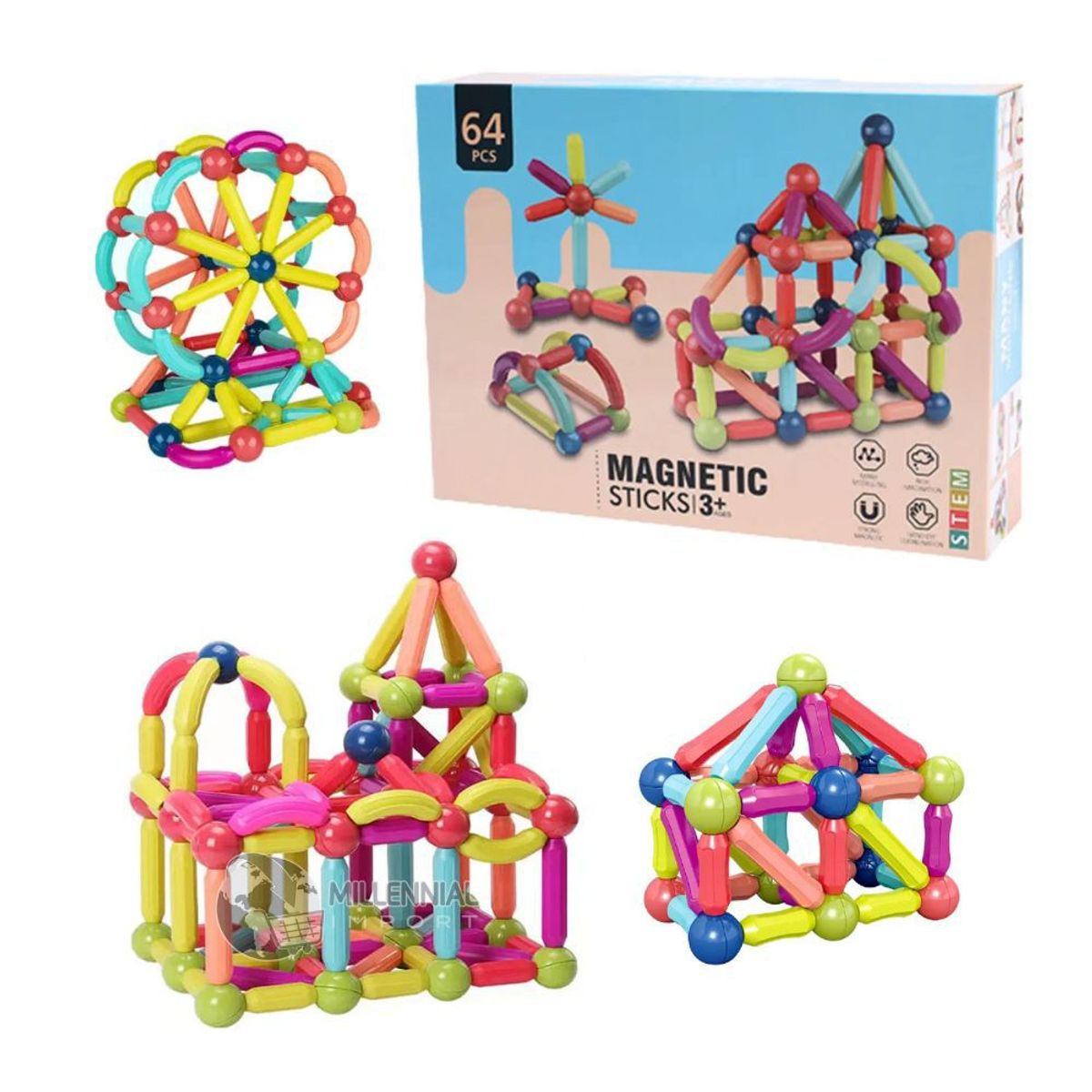 GENERICO - Juego Didáctico Educativo Bloques Magnéticos de 64 Piezas